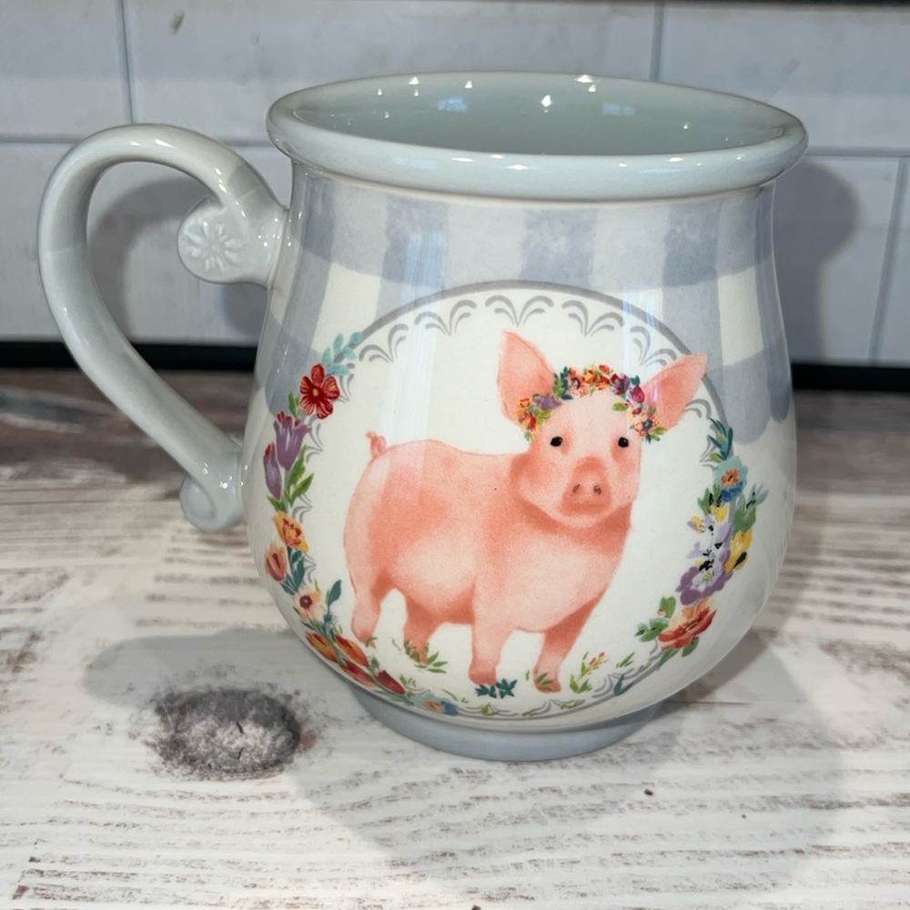 Pioneer Woman Pig Gray Gingham Ceramic Mug Cup floral